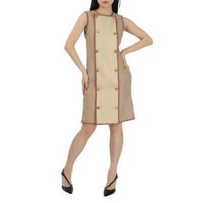 Pre-owned Burberry Ladies Biscuit Button Panel Detail Wool-blend Shift Dress In Check Description