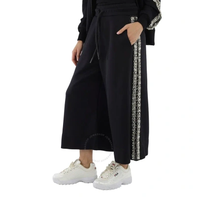 Burberry Ladies Black Crystal Detail Wide-leg Jersey Cropped Track Pants