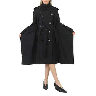 Pre-owned Burberry Ladies Black Double-breasted Raincoat With Graphic Detail
