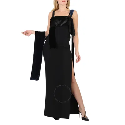 Burberry Ladies Black Faux Fur Detailing Split Velvet Dress In Metallic