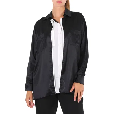 Burberry Ladies Black Logo Applique Silk Satin Long Sleeve Shirt