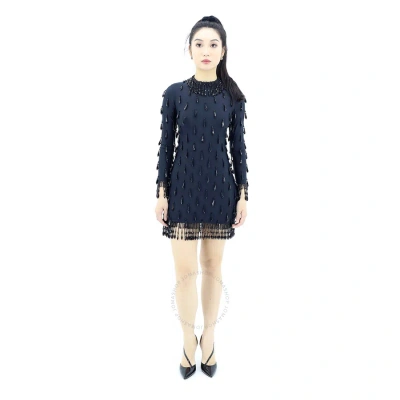 Burberry Ladies Black Long-sleeve Embellished Teardrop Beads Mini Dress