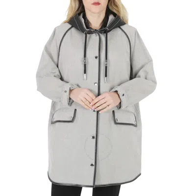 Burberry Ladies Black Melange Cotton-canvas Leather-trimmed Hooded Coat In Gray