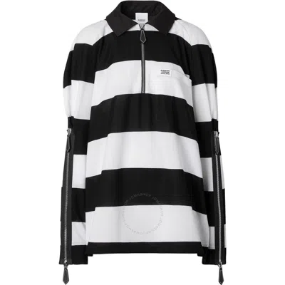 Burberry Ladies Black Pattern Zip Detail Striped Pique Cotton Loose Fit Rugby Shirt