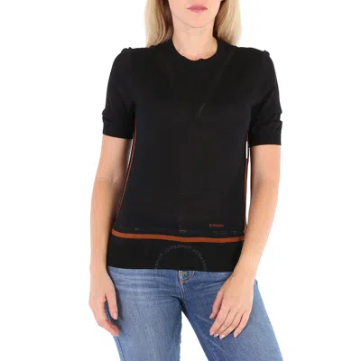 Burberry Ladies Black Short Sleeve Logo Intarsia Wool Silk Cashmere Top
