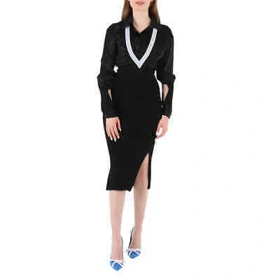 Pre-owned Burberry Ladies Black V-striped Insert Knit Wool Dress, Brand Size 4 (us Size 2)