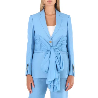 Pre-owned Burberry Ladies Blue Topaz Jersey Sash Detail Wool Ramie Tailored Jacket, Brand