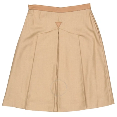 Burberry Ladies Box-pleated Wool Silk Skirt With Lambskin Trim In Camel