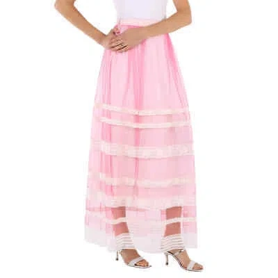 Pre-owned Burberry Ladies Bright Pink Floral Lace-trim Tulle Maxi Skirt, Brand Size 6 (us