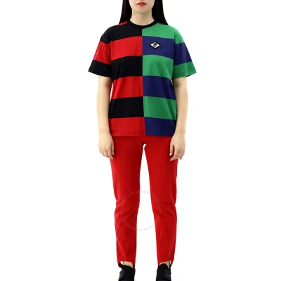 Burberry Ladies Bright Red Carrick Embroidered Logo Rugby Stripe Tee