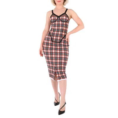 Pre-owned Burberry Ladies Bright Red Check Check Stretch Jersey Sleeveless Corset Dress,