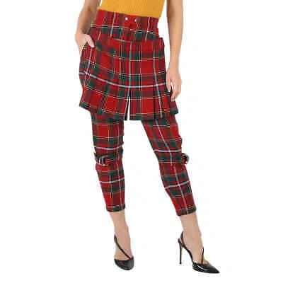 Pre-owned Burberry Ladies Bright Red Royal Tartan Punk Trousers
