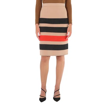 Pre-owned Burberry Ladies Camel Icon Stripe Wool Pencil Skirt In Multicolor