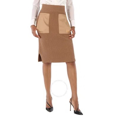 Burberry Ladies Camel Safiya Mixed-media Midi Pencil Skirt In Brown