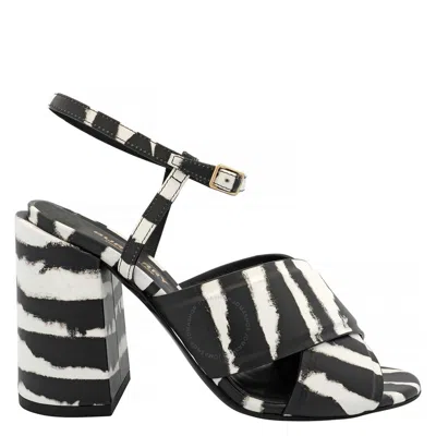 Burberry Ladies Castlebar Watercolour Print Block-heel Sandals In White/black
