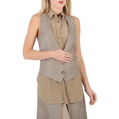 Burberry Ladies Cedar Brown Melange Silk Shirt Detail Linen Remodeled Vest