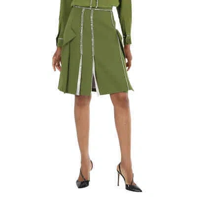 Pre-owned Burberry Ladies Cedar Green Crystal Detail Panelled Wool-crepe A-line Skirt,