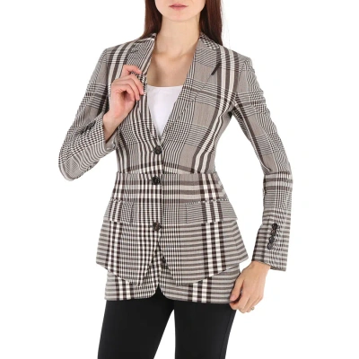 Burberry Ladies Check Basque Detail Tailored Jacket In Brown