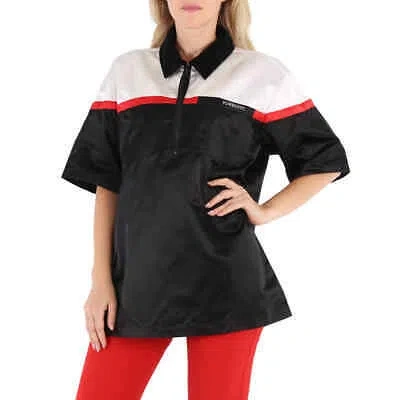 Pre-owned Burberry Ladies Colorblock Silk Satin Oversized Short Sleeve Bowling Shirt, In White