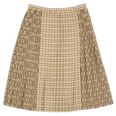 Burberry Ladies Contrast Graphic Print Pleated Skirt In Latte