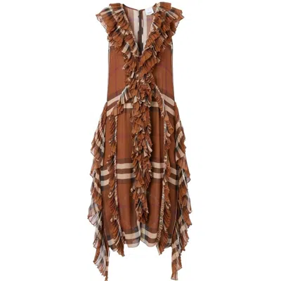 Burberry Ladies Dark Birch Brow Pleated Ruffle Detail Check Silk Georgette Dress In Brown