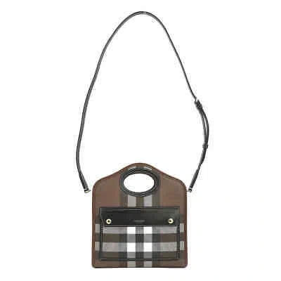 Pre-owned Burberry Ladies Dark Birch Brown Check Logo Print Pocket Bag 8071386