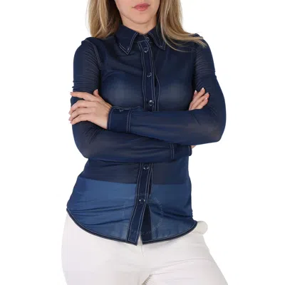 Burberry Ladies Dark Carbon Blue Sheer Topstitch Button-down Shirt