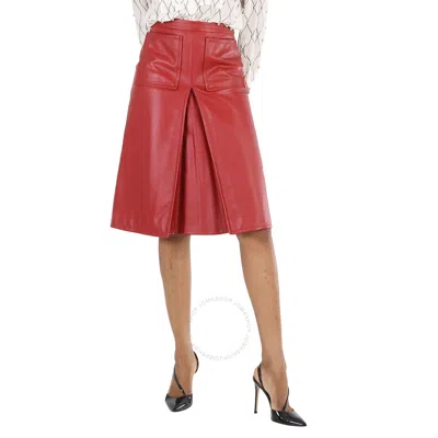 Burberry Ladies Dark Carmine Leather Box-pleat Detail A-line Skirt In Red