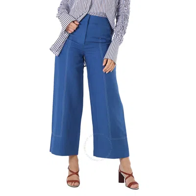 Burberry Ladies Dark Cerulean Blue Wide-leg Topstitched Mohair Linen Silk Trousers