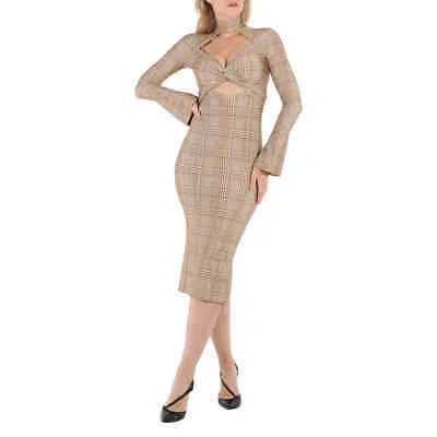 Pre-owned Burberry Ladies Dark Honey Cut-out Checked Midi Dress In Brown