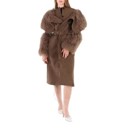 Burberry Ladies Dark Mahogany Shearling Trim Wool Cashmere Double-breasted Trench Coat In Brown
