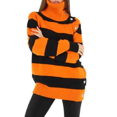 Pre-owned Burberry Ladies Deep Orange Striped Fisherman Turtleneck Jumper, Size Medium