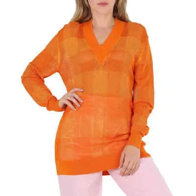 Pre-owned Burberry Ladies Deep Orange Zoie Check Mesh Lace V-neck Jumper