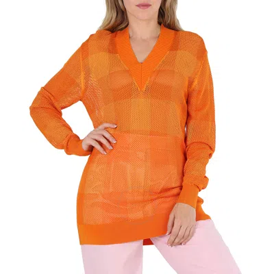 Burberry Ladies Deep Orange Zoie Check Mesh Lace V-neck Jumper