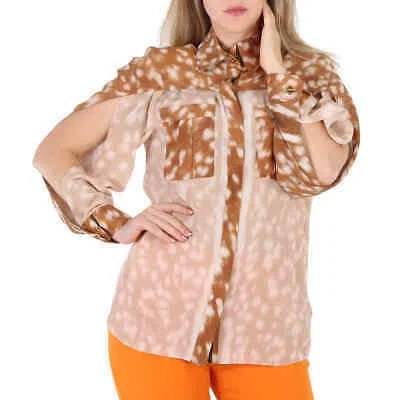Pre-owned Burberry Ladies Deer Print Silk Shirt With Cape Sleeve In Check Description