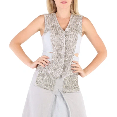 Burberry Ladies Faux Crystal Embroidered Mohair Blend Hollow Vest In Light Pebble Grey