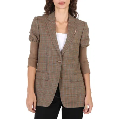 Burberry Ladies Fawn Knitted Sleeve Houndstooth Check Wool Tailored Jacket In Red