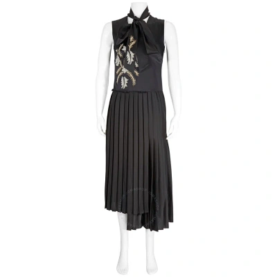 Burberry Ladies Flor Embroidered Asymmetrical Pleated Dress In Black