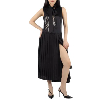 Pre-owned Burberry Ladies Flor Embroidered Asymmetrical Pleated Dress In Black