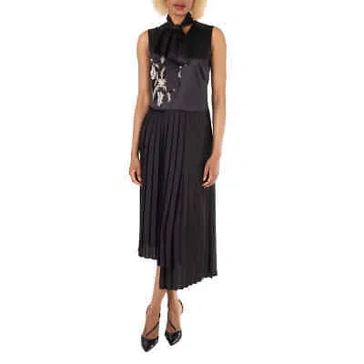 Pre-owned Burberry Ladies Flor Embroidered Asymmetrical Pleated Dress In Black
