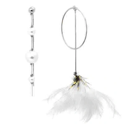 Pre-owned Burberry Ladies Glass Pearl & Ostrich Feather Asymmetrical Drop Earrings In Check Description