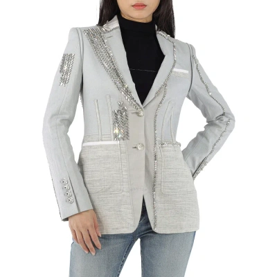Burberry Ladies Grey Melange Technical Linen Blazer With Crystal Embroidery In Gray