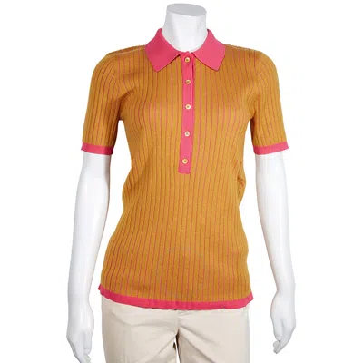 Burberry Ladies Knit Tops Solid Ochre Colorblock Ribbed Polo Shirt In Orange