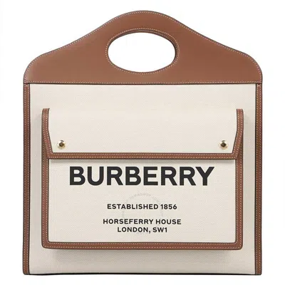 Burberry Ladies Logo Printed Pocket Tote Bag - Beige