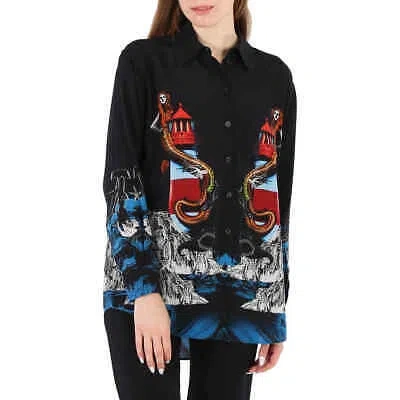 Pre-owned Burberry Ladies Mermaid Printed Silk Shirt In Black