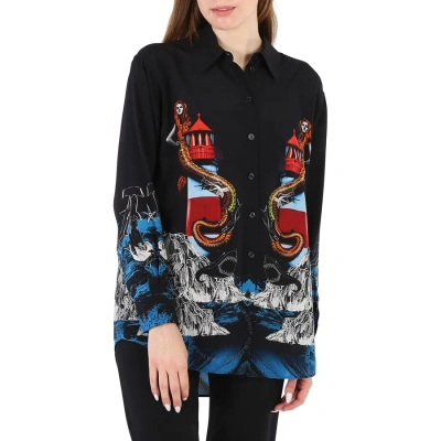 Burberry Ladies Mermaid Printed Silk Shirt In Black Ip Pat