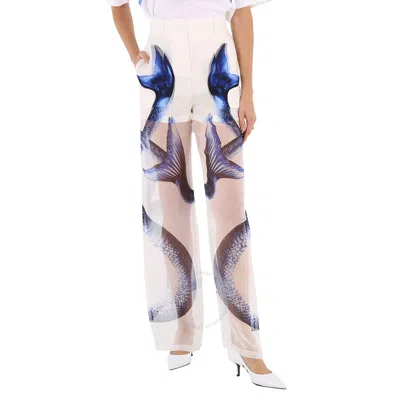 Burberry Ladies Mermaid Tail Print Mulberry Silk Trousers In White
