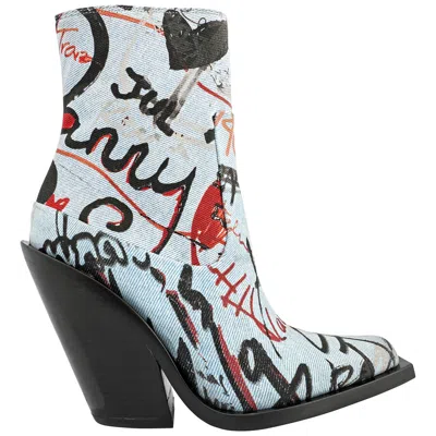 Burberry Ladies Millbank Multicolour Graffiti Print Denim Ankle Boots In Blue/red