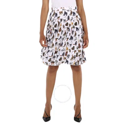 Burberry Ladies Monkey Print Pleated Crepe De Chine Skirt In White