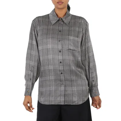 Burberry Ladies Monochrome Carlota Checked Long-sleeve Silk Shirt In Silver Tone